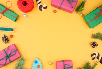 Christmas gift boxes collection with pine tree for mock up template design. View from above. Flat lay.