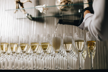 Waiter is pouring champagne into glasses, Champagne