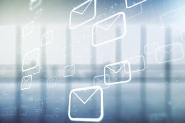 Abstract virtual postal envelopes illustration on empty corporate office background. Email and communications concept. Multiexposure