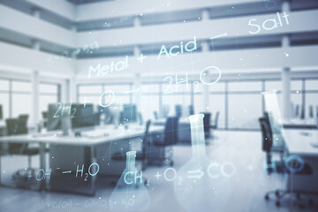 Double exposure of abstract virtual chemistry hologram on modern corporate office background, research and development concept