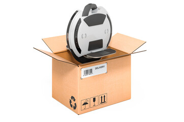 Electric unicycle or monowheel inside cardboard box, delivery concept. 3D rendering