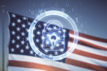 Virtual creative lock symbol and microcircuit illustration on USA flag and sunset sky background. Protection and firewall concept. Multiexposure