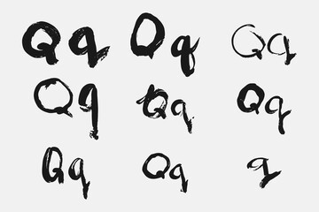 Letter Q written by hand. Black letter Q written in grunge calligraphy. Different versions of the font are hand-drawn in a careless style. Vector eps illustration.