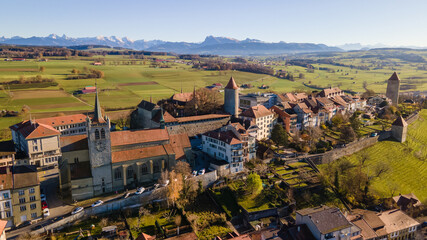 Fototapeta na wymiar Flying above Romont on a sunny day, Switzerland. 