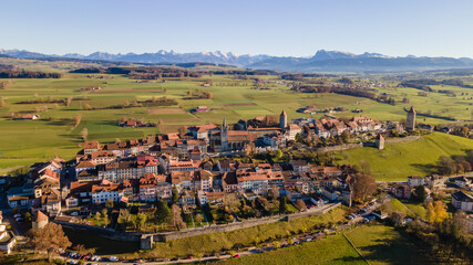 Flying above Romont on a sunny day, Switzerland. 