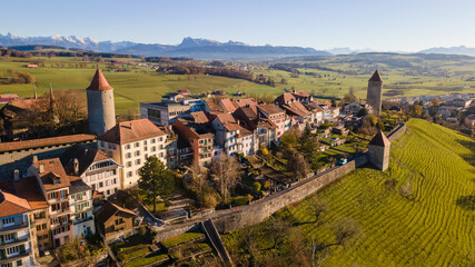 Flying above Romont on a sunny day, Switzerland. 