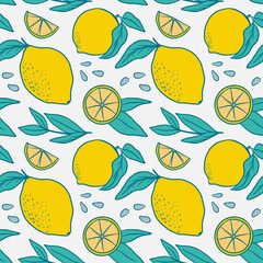 Flat seamless pattern with yellow lemons. Fruit vector pattern on white background. Perfect for fabric, clothes, wallpaper, wrap paper