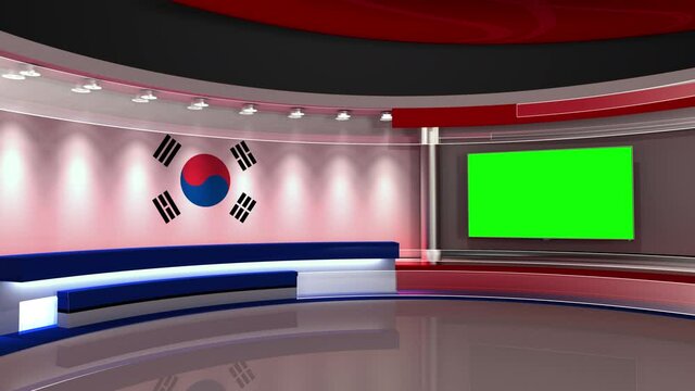 TV studio. South Korea flag studio. South Korea flag background. News studio. The perfect backdrop for any green screen or chroma key video or photo production. 3d render. 3d