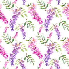 Watercolor illustration. Seamless pattern on a white background with wisteria flowers. Blooming wisteria in a seamless design for background, fabric, paper.