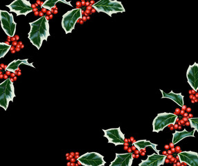 Christmas card design with holly berry. Holly Leaves greeting card. winter holiday greeting card. Christmas winter theme. Winter holiday, happy New Year and Merry Xmas background. Christmas Symbol.