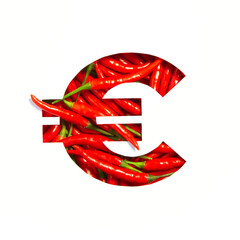 Euros currency sign of hot red chili peppers and cut paper isolated on white. Spicy veggie typeface