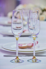 Two wedding glasses for champagne or wine. The concept of drinks and the wedding table layout.
