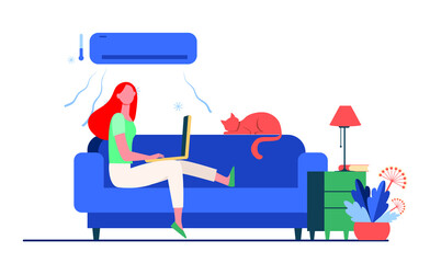 Woman sitting sofa with cat laptop air conditioner girl cooling couch flat vector illustration home freelance.