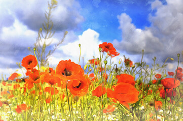 Red poppies field colorful painting looks like picture.