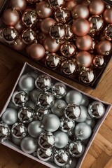 christmas decorative ornaments in box top view