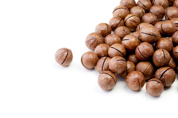 macadamia nuts with clipping path on white isolated background. Selective focus