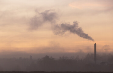 rauchender Kamin im Nebel in der Morgendämmung