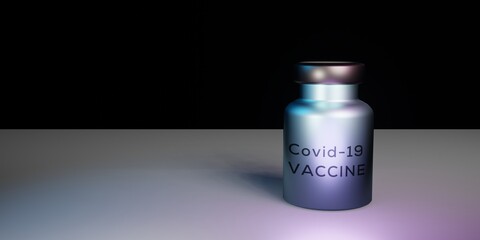 Covid-19 vaccine serum bottle 3d rendering illustration. Abstract coronavirus medicine bottle with futuristic colors. .Empty space for copy paste text.