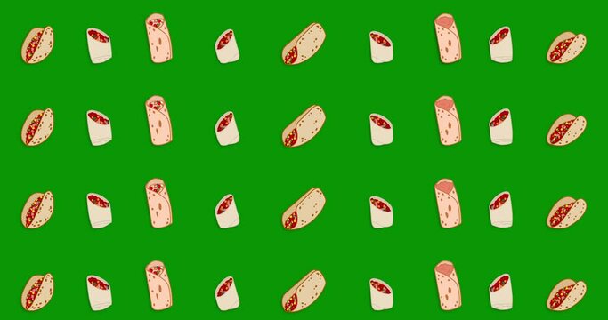 Burrito and Taco dogs fast food pattern isolates on Chroma key background