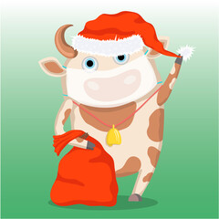 The bull is a symbol of 2021, wearing a Santa Claus hat with a bag of gifts and a face shield to avoid the Covid19 infection.