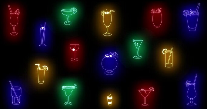 Cocktails neon moving pattern isolated on black background