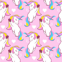 Seamless, endless pattern with colorful unicorns on pink background, illustration for children, vector eps 10 format