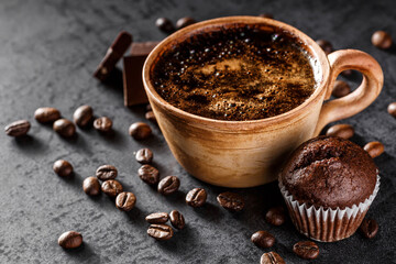 Coffee with milk cup and roasted beans.Coffee beans wallpaper. Coffee background. Side view.