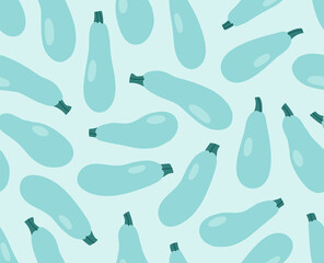 Seamless pattern of blue zucchini on a blue background. Hand-drawn zucchini set. Trendy vegan food background for textile, fabric, paper. Suitable for illustrating healthy eating, recipes, local farm.