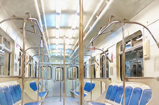 View on metro train interior colorful painting looks like picture.