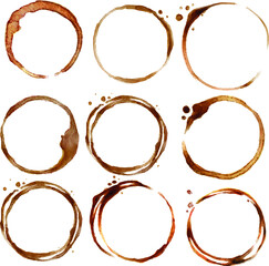 Coffee trace collection. set of round frames with stains