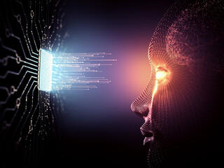 Artificial Intelligence concept. Data coming out of the microchip towards the human being with...