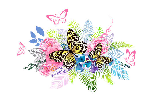 Floral abstraction from watercolor different colors with butterflies. T-shirt print. Vector illustration.