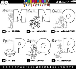 educational cartoon alphabet letters set from M to R coloring book