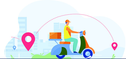 Courier shipping package at the moped flat illustration