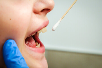 Doctor takes a cotton bud from childs mouth to analyze samples for the COVID-19 test. Coronavirus...