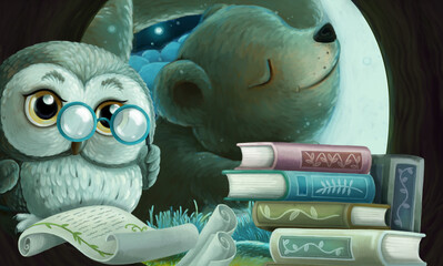 cartoon scene wise owl in tree house reading books with friends illustration