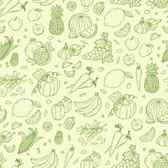Vegetables and fruits seamless pattern. Hand drawn doodle Fresh Fruit and Vegetable. Vintage background
