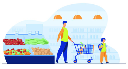 Fototapeta premium Father and son buying food in the supermarket. person with shopping cart