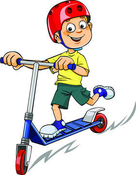 Vector illustration of a smiling boy riding a scooter 