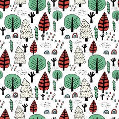 Cute doodle Scandinavian forest with trees. Oak, spruce. Fantasy woodland seamless pattern. Floral background. Vector illustration.