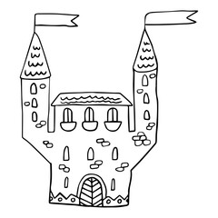 Cartoon linear doodle retro castle with flag isolated on white background. Vector illustration.
