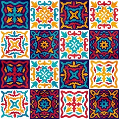 Ceramic tiles seamless pattern. Grunge texture. Patchwork style ornament. Vector illustration.