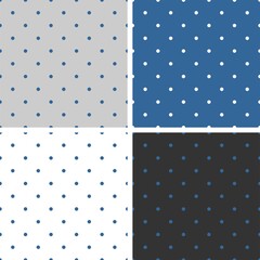 Blue background vector set. Seamless patterns or textures with white polka dots on pastel, colorful background: baby blue, grey white and black