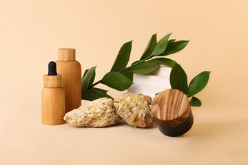 Composition from eco friendly cosmetics containers made from the natural wood,stones and green leafs.Concept of the organic,zero waste cosmetics.