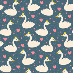 Fototapeta premium Cute cartoon happy swan with crown in flat style with hearts and dots seamless pattern. Romantic birds background. Vector illustration.