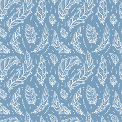 Ethnic Blue Feather Seamless Pattern. Hand Drawn Tribal Feathers Boho Style Repeating Background