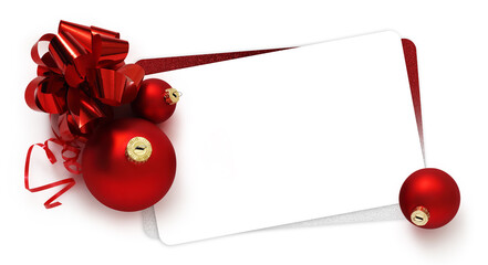 gift and greeting card wishes merry christmas background with red ribbon bow and balls isolated on...