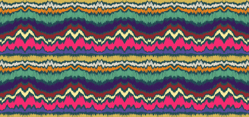 Ikat border. Geometric folk ornament. Ink on clothes. Tribal vector texture. Seamless striped pattern in Aztec style. Ethnic embroidery. Indian, Scandinavian, Gypsy, Mexican, African rug.