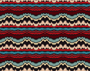 Ikat border. Geometric folk ornament. Ink on clothes. Tribal vector texture. Seamless striped pattern in Aztec style. Ethnic embroidery. Indian, Scandinavian, Gypsy, Mexican, African rug.