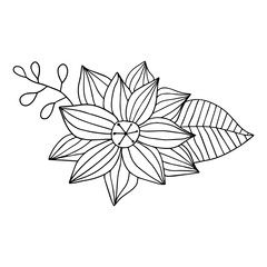 Cute fantasy doodle flower with leaves isolated on white background. Vector illustration.